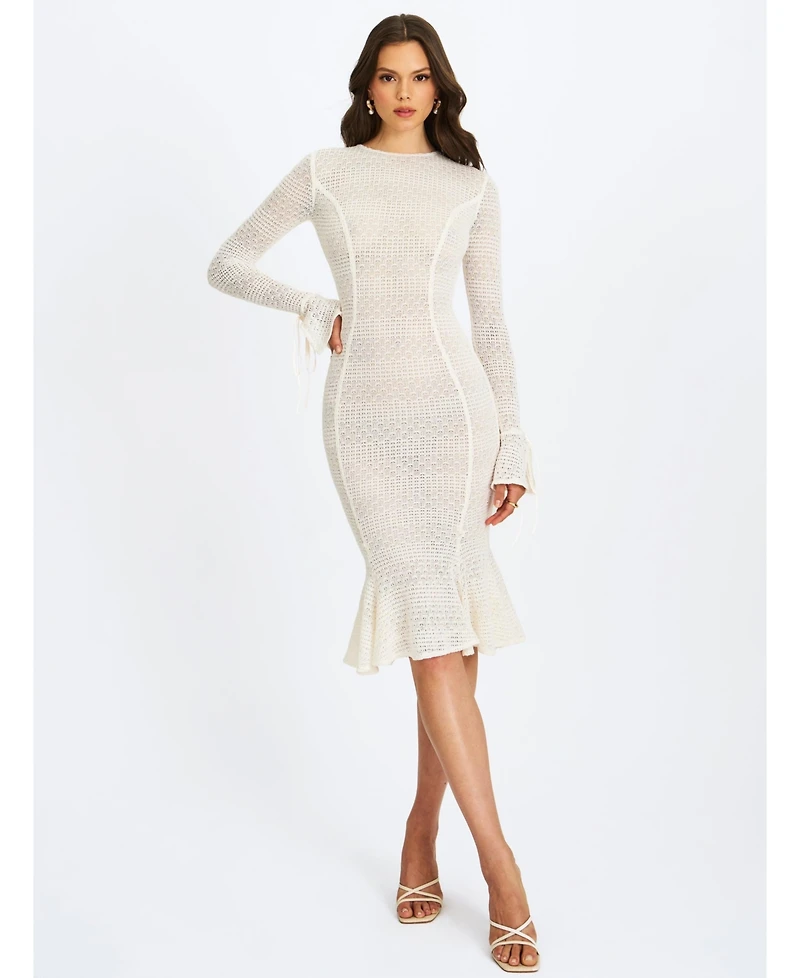 Miss Circle Women's Pamina Beige Crochet Long Sleeve Midi Flare Mermaid Dress