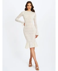 Miss Circle Women's Pamina Beige Crochet Long Sleeve Midi Flare Mermaid Dress