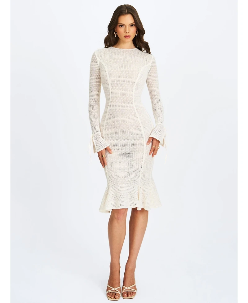 Miss Circle Women's Pamina Beige Crochet Long Sleeve Midi Flare Mermaid Dress