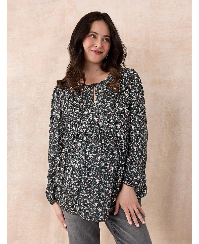 Motherhood Maternity Women's Long Sleeve Empire Waist Keyhole Woven Blouse