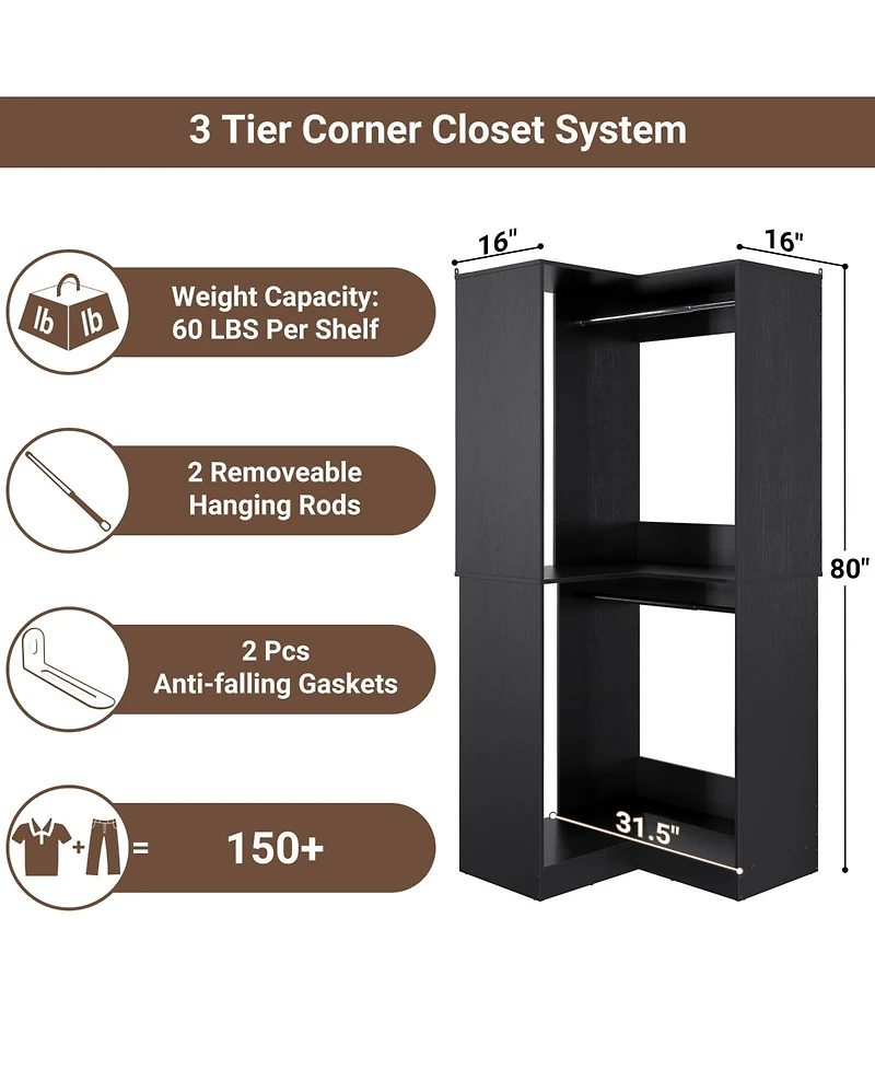 Aheaplus Freestanding Corner Closet Organizer with Hanging Rods, Space-saving System for Walk-in