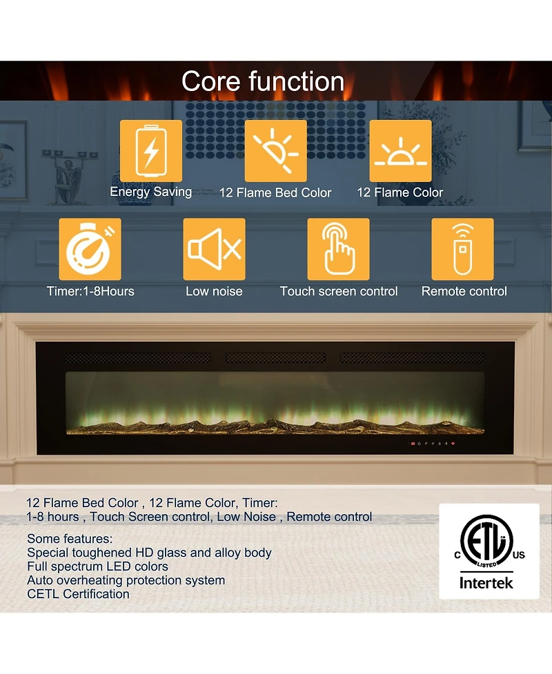 72''Classic Built-in or Wall-Mounted Direct Vent Electric Fireplace