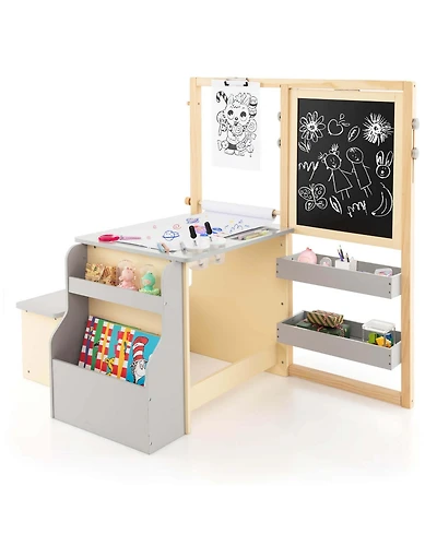 Kids Art Center Wooden Table Bench Set Adjustable Double-Sided Easel Storage