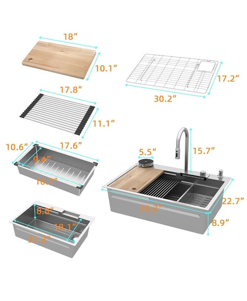 33.2-Inch Drop-in Single Bowl 304 Stainless Steel Kitchen Sink Set