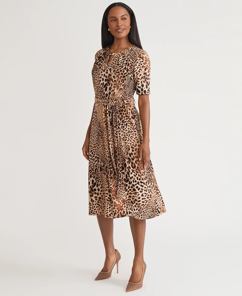 Kasper Women's Printed Elbow-Sleeve Tie-Waist Midi Dress