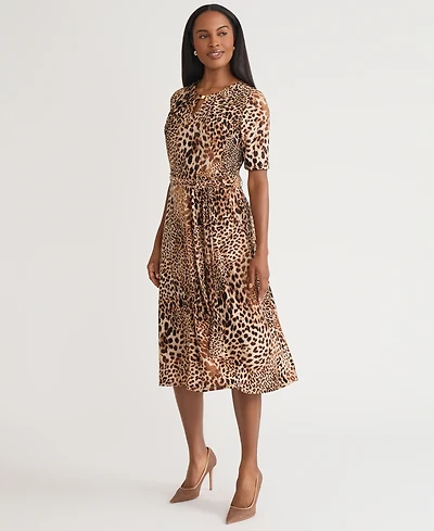Kasper Women's Printed Elbow-Sleeve Tie-Waist Midi Dress
