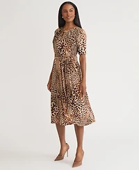 Kasper Women's Printed Elbow-Sleeve Tie-Waist Midi Dress