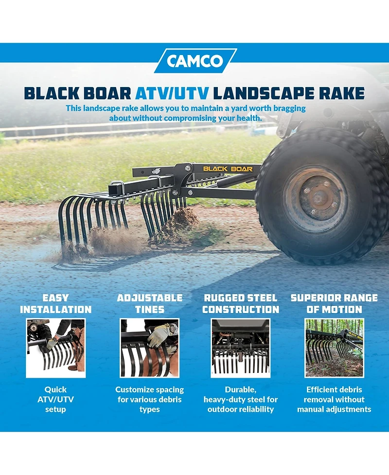 Camco Black Boar Atv/Utv Implement Custom Outside Vehicle Landscape Rake Tool