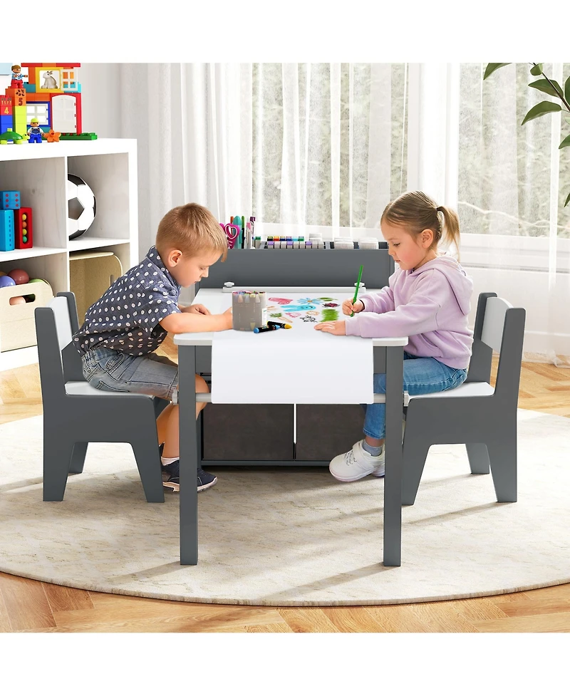 Kids Art Table & Chairs Set with Paper Roll Wooden Craft Study Desk Active Play
