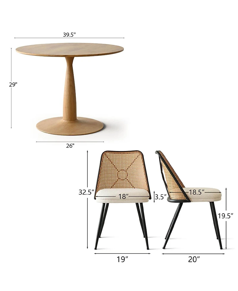 Maison Boucle 5-Piece 39.5" Round Dining Set with Wood-Look Pedestal Table and 4 Faux Rattan Dining Chairs with Upholstered Seats and Metal Legs-Maiso