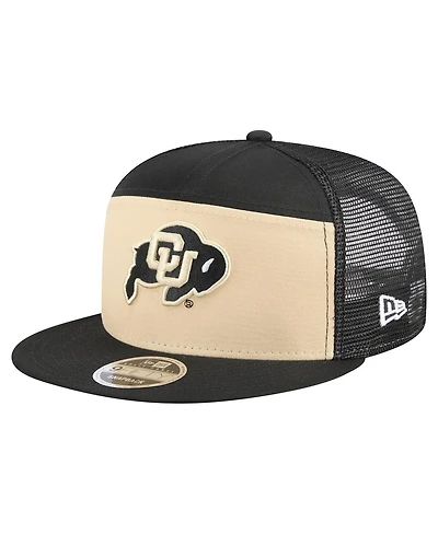 New Era Men's Black/Gold Colorado Buffaloes Outdoor Wide Panel 9FIFTY Snapback Trucker Hat