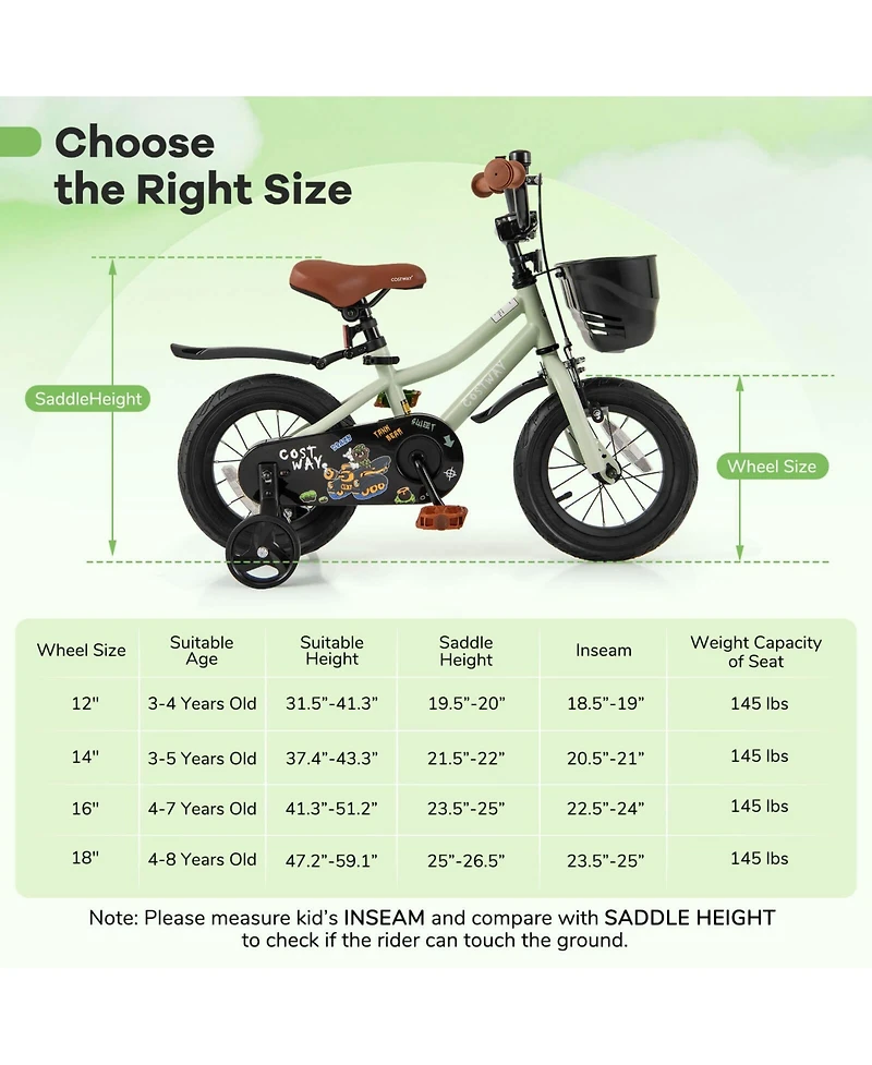 12" Kid s Bike with Training Wheels Adjustable Handlebar & Seat Handbrake