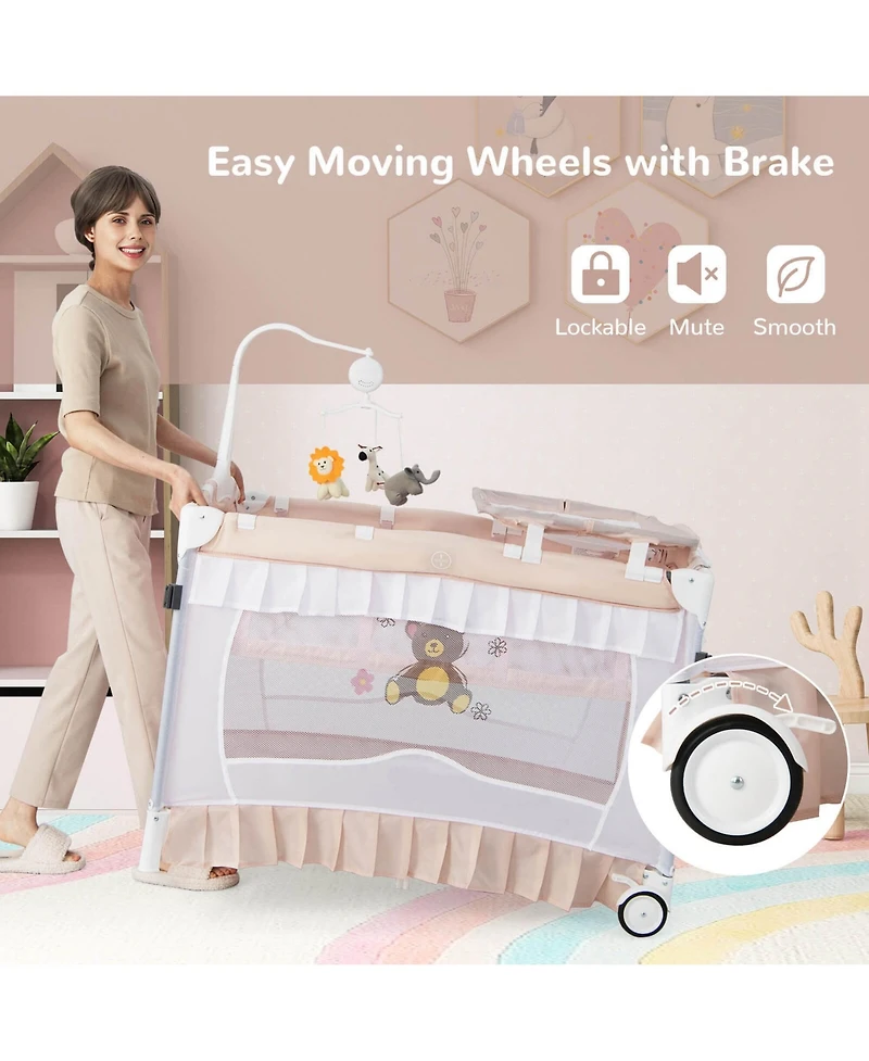 Costway Girls ortable Playpen Crib Cradle Bassinet Changing Pad Mosquito Net Toys w Bag