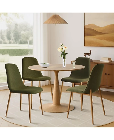 Maison Boucle Light Wood Finish 5-Piece Dining Set with 39.5 Inch Round Table and 4 Green Upholstered Chairs Wood-Look Metal Legs-Maison