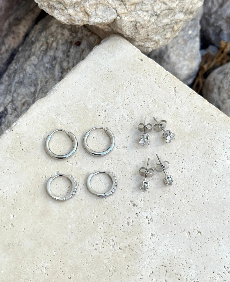 Adornia Silver Cz Hoop and Solitaire Stud Earrings Set