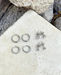 Adornia Silver Cz Hoop and Solitaire Stud Earrings Set