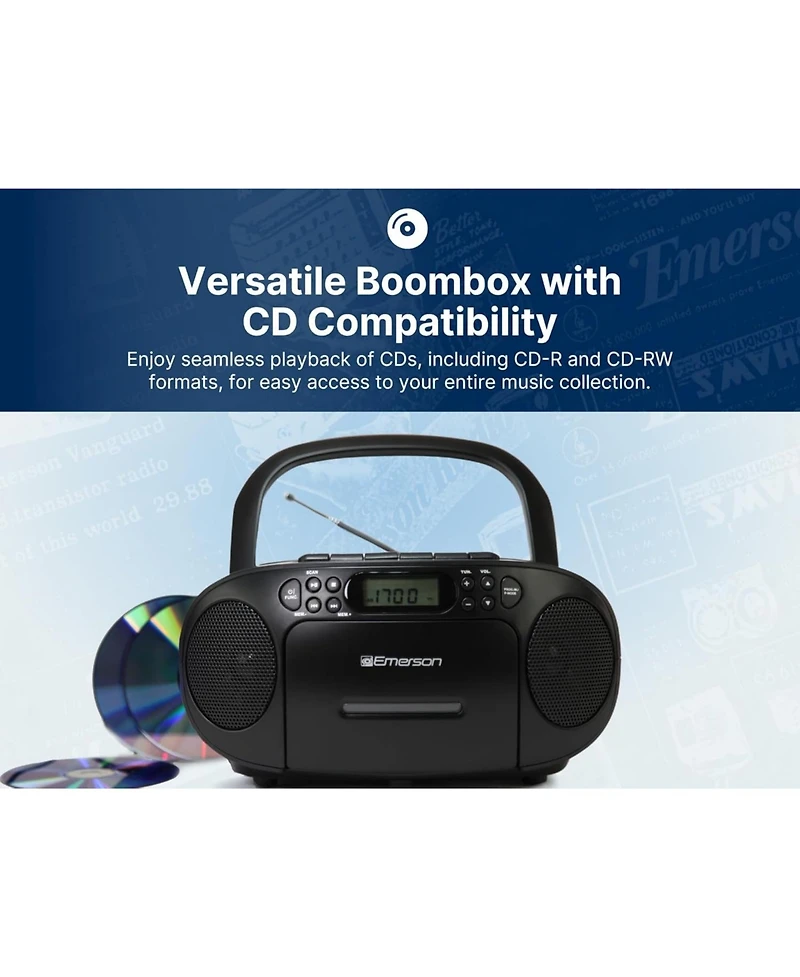 Emerson Epb-3003 Portable Cd / Cassette Player with Am/Fm Radio, Programmable Memory, Dual Stereo Speakers - Black