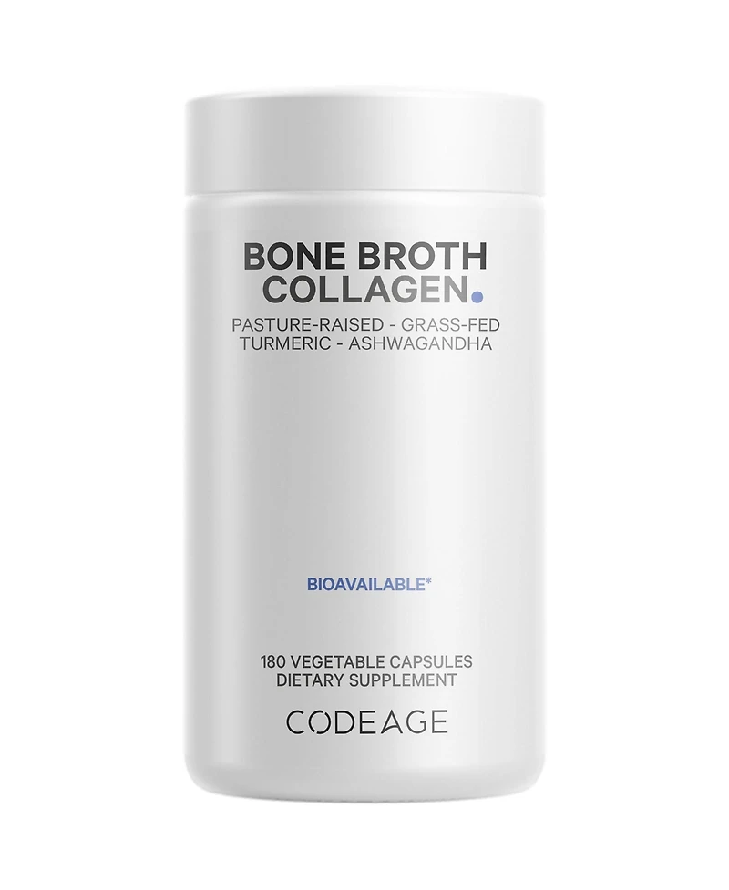 Codeage Organic Bone Broth Collagen Peptides Capsules Supplement, Grass Fed Beef Bone Broth, Free-Range Chicken Bone Broth, Turmeric & Ashwagandha