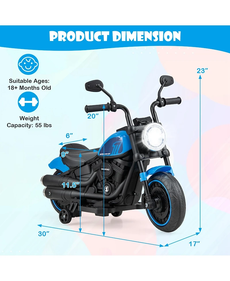 6V Kids Electric Motorcycle with Training Wheels Led Headlights Music Board