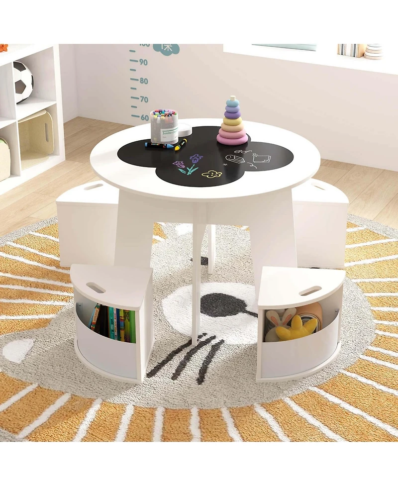 5 Pcs Kids Table and Chair Set with Writable Blackboard Desktop Toddler Table