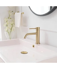 Single-Handle Single Hole Low-Arc Bathroom Faucet Bathroom with Drain Assembly Drip-Free Vanity Sink Faucet in Brushed Gold