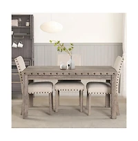 Farmhouse Dining Table Set for 4, Country Style Kitchen Table w/ 4 Upholstered Chairs, Rustic Vintage Dining Set for Family Meals