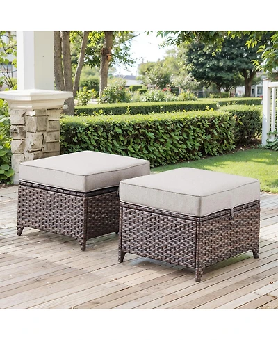 Gymojoy Slimline Brown Wicker 2-Piece Outdoor Ottoman Steel Frame Patio Footstools with Olefin Cushion