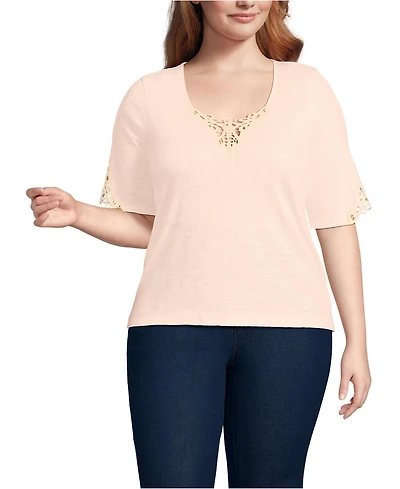 Lands' End Plus Elbow Sleeve Slub Lace Trim T-Shirt