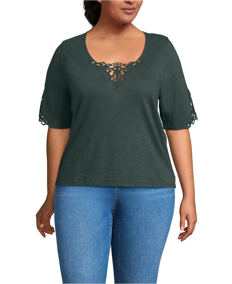 Lands' End Plus Elbow Sleeve Slub Lace Trim T-Shirt