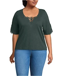Lands' End Plus Elbow Sleeve Slub Lace Trim T-Shirt