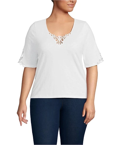 Lands' End Plus Elbow Sleeve Slub Lace Trim T-Shirt