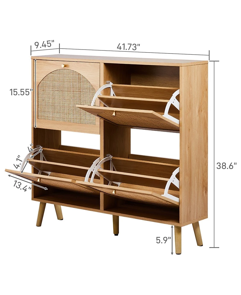 Slickblue Shoe Cabinet with 2 Rows of 4 Dump Buckets High Feet Arched Rattan Surface
