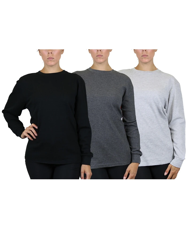 Galaxy By Harvic Women's Loose Fit Waffle Knit Thermal Shirt-3 Pack - charcoal