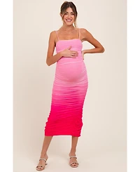 Pink Mesh Ombre Ruched Maternity Midi Dress