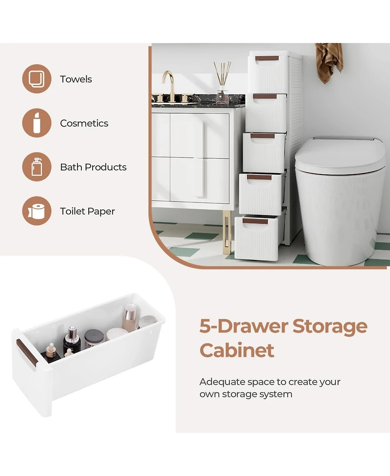 Volenca 5-Drawer Rolling Organizer Unit Narrow Storage Cabinet with Built-In Wheels for Small Space