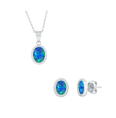 Sterling Silver, Oval Blue Opal Necklace & Earrings Set