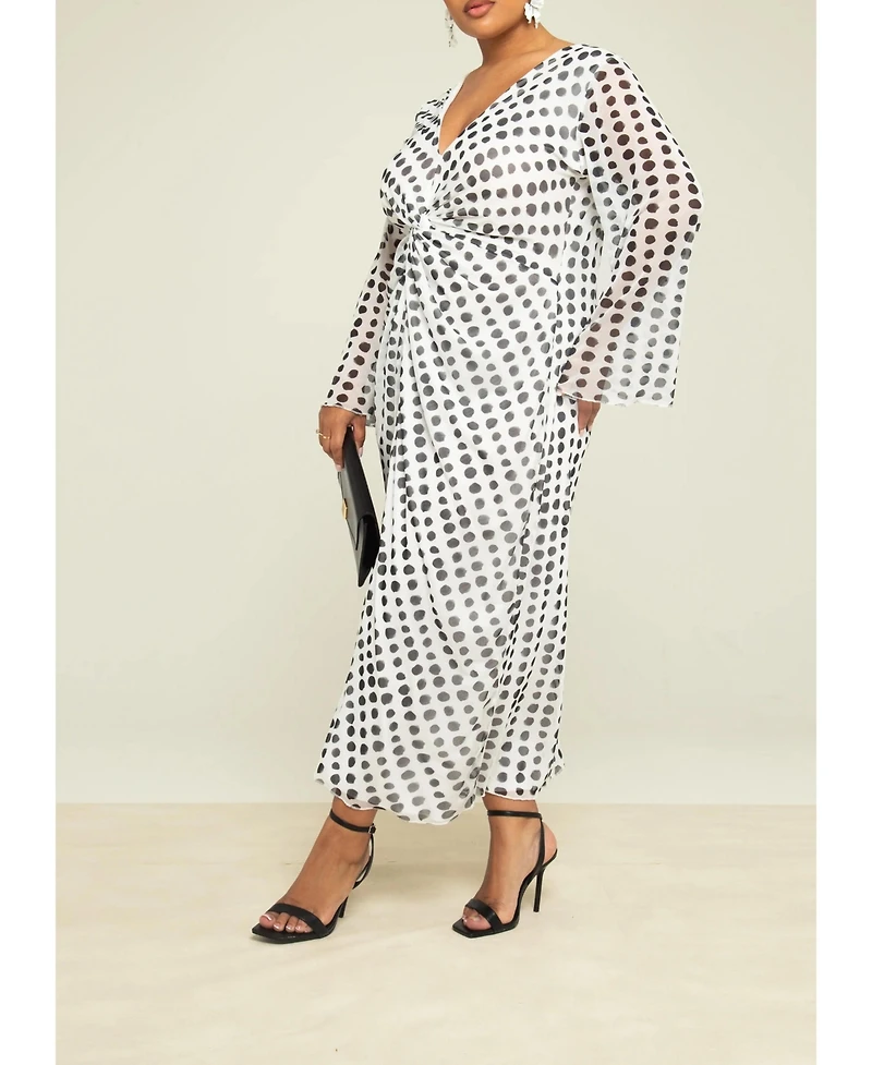 Fashion-szn Curve Women's Long Sleeve V-Neck Polka Dot Midi Dress