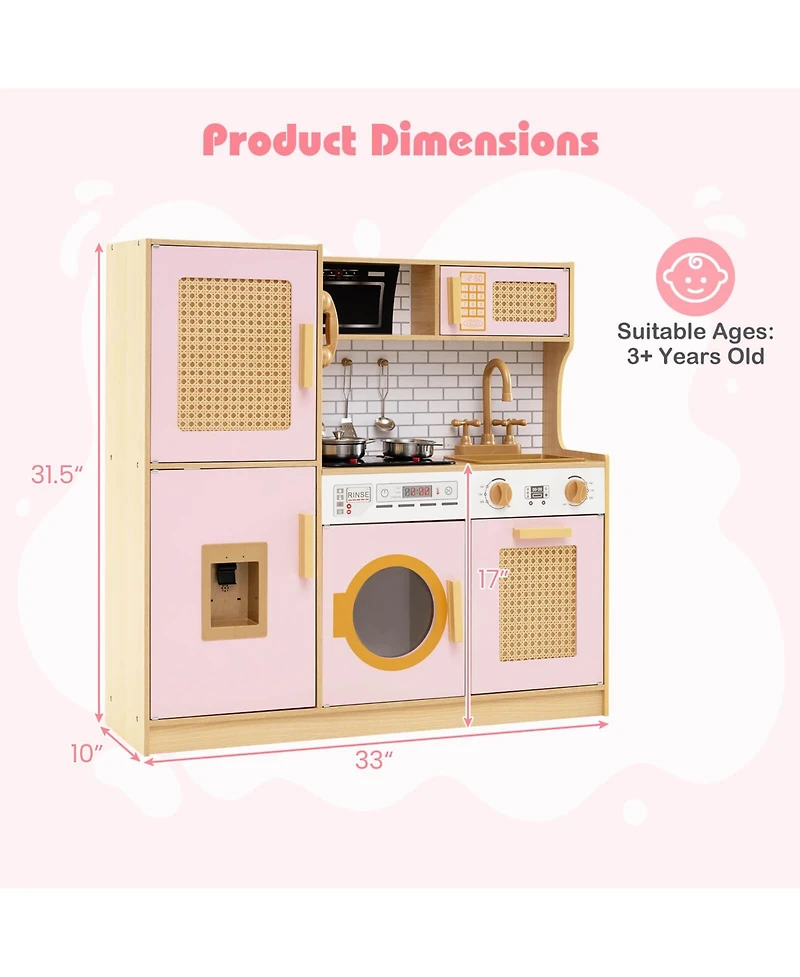 Wooden Kids Kitchen Playset Pretend Play with Real Sounds Lights