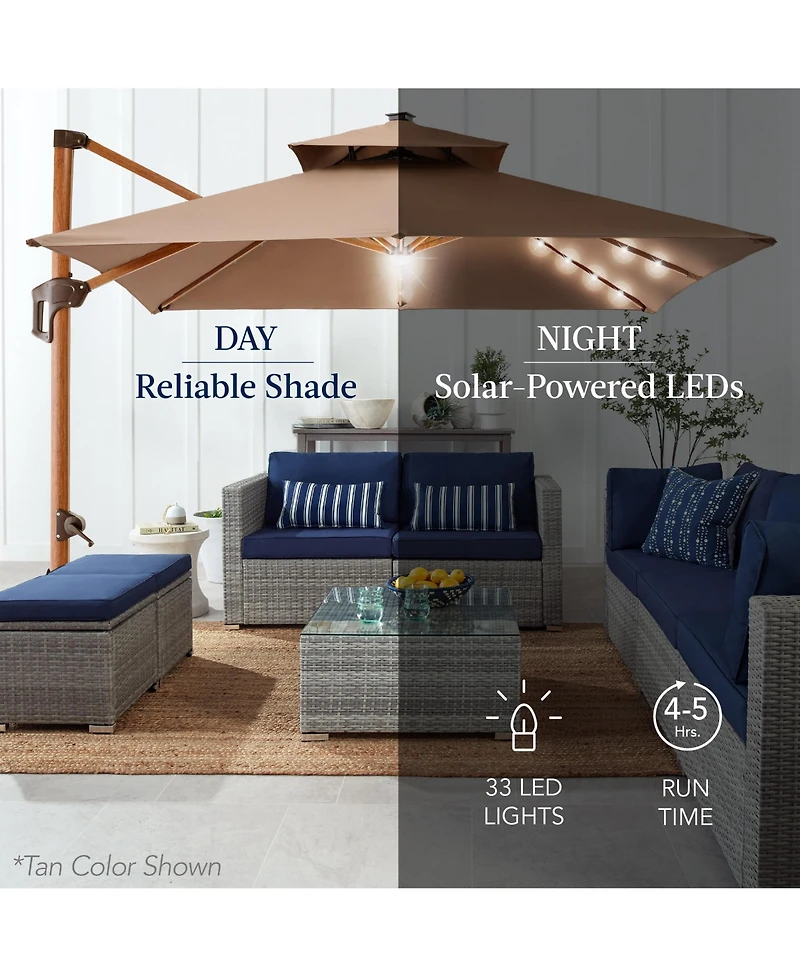 Best Choice Products 10ft Square Woodgrain Pattern 2-Tier Outdoor Solar Led Cantilever Umbrella w/ Base