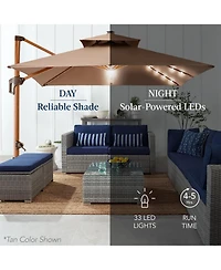 Best Choice Products 10ft Square Woodgrain Pattern 2-Tier Outdoor Solar Led Cantilever Umbrella w/ Base
