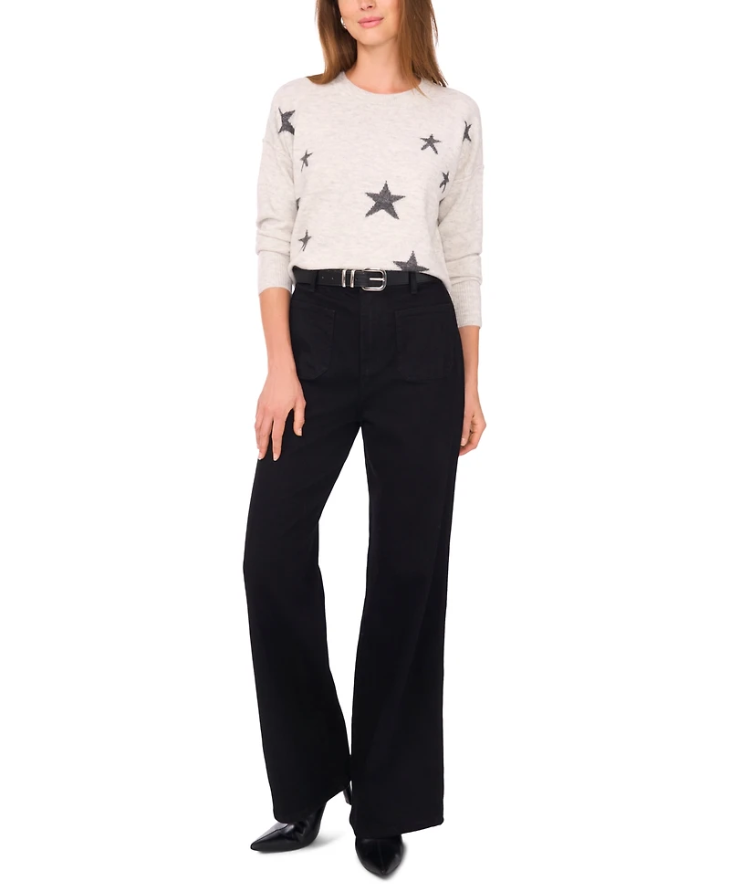 Vince Camuto Women's Cozy Crewneck Star-Print Dropped-Shoulder Sweater