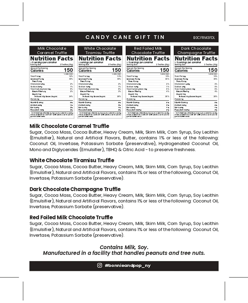 Bonnie & Pop Christmas Chocolate Candy Cane Gift Tin, 12 Pieces