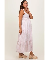 Pinkblush Maternity Floral Striped Smocked Shoulder Tie Maxi Dress