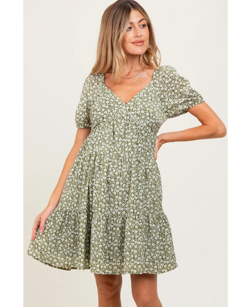 Pinkblush Maternity Light Olive Floral Tiered V-Neck Mini Dress