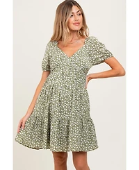 Pinkblush Maternity Light Olive Floral Tiered V-Neck Mini Dress