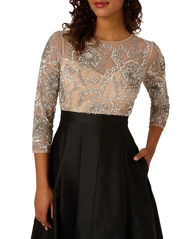 karen millen beaded fringe dress Adrianna Papell Jasmine Beaded Blouson Gown With Sheer Short Sleeves