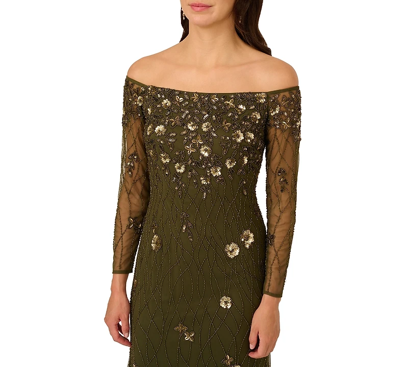 Adrianna Papell Women's Off-The-Shoulder Bead Dress