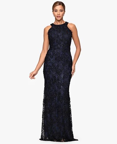 Xscape Petite High-Neck Sleeveless Lace Sheath Gown