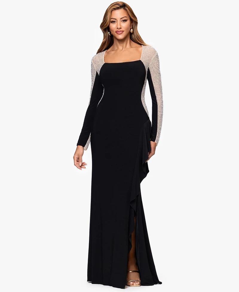 Xscape Petite Long Beaded Sleeve Dress