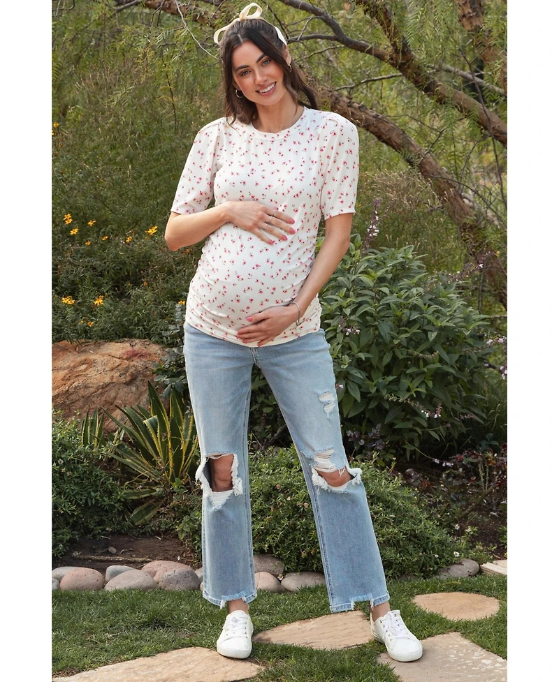 Pinkblush Light Blue Distressed Cutout Maternity Straight Leg Ankle Jeans
